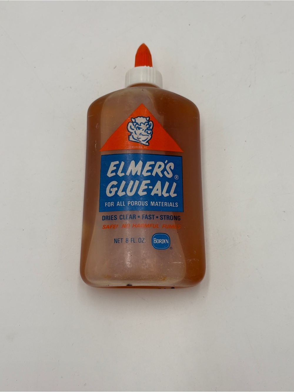Vintage 70s Elmer’s Glue All Borden 8 Fl Oz Made in USA Prop Decor Orange Bottle